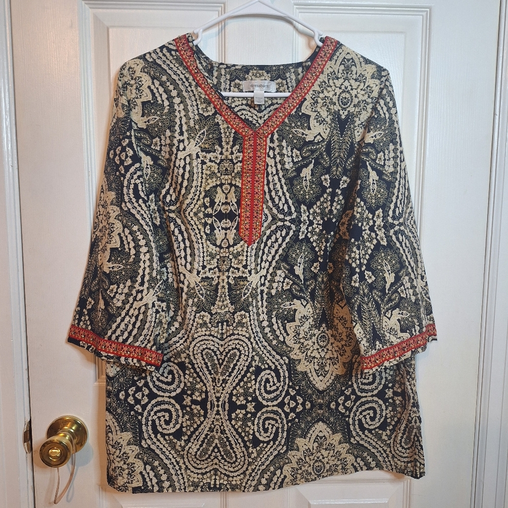Dressbarn Black White Paisley Red Beaded V Neck 3/4 Tunic Top Boho Artsy Size 1X